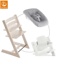STOKKE® Mega Tripp Trapp® Set Hochstuhl Buche Whitewash Inkl. Newborn Set™ Grey Und Baby Set Weiß